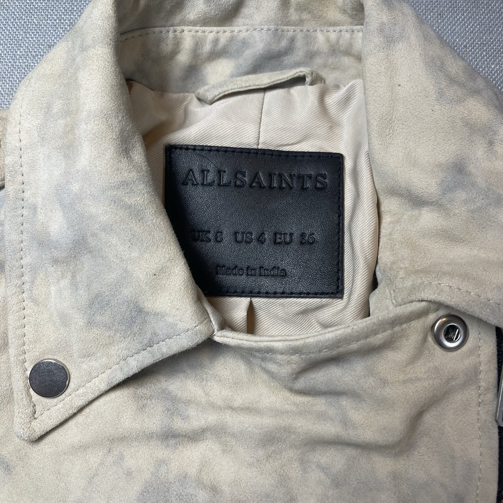 Allsaints Womens Suede Balfern Biker Jacket‎ Sz 4 Warm Taupe Marbled Luxury - Picture 3 of 16